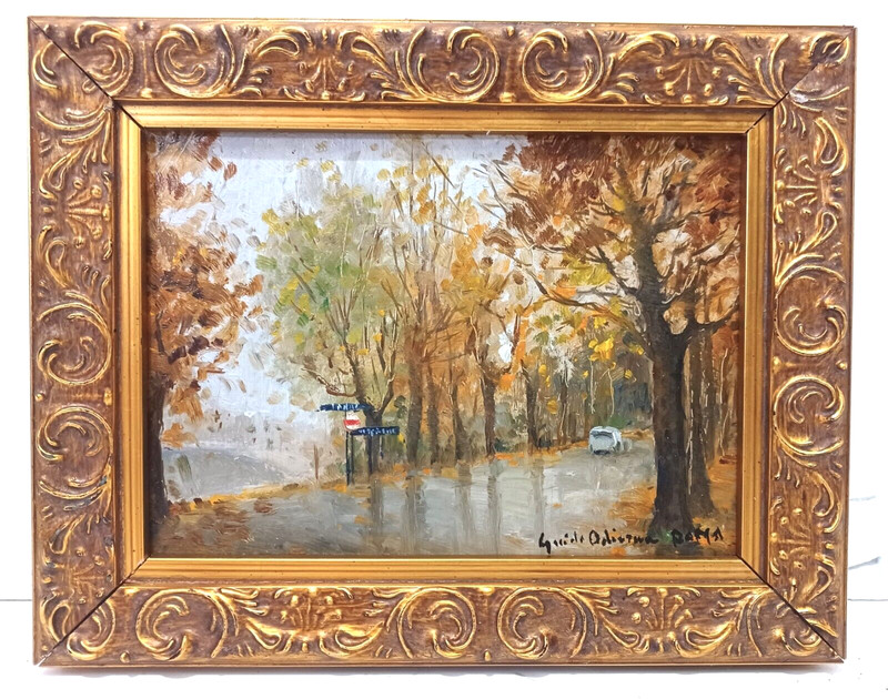 LISTED ITALIAN GUIDO ODIERNA SIGNED ORIGINAL OIL on PANEL RAINY FALL LANDSCAPE