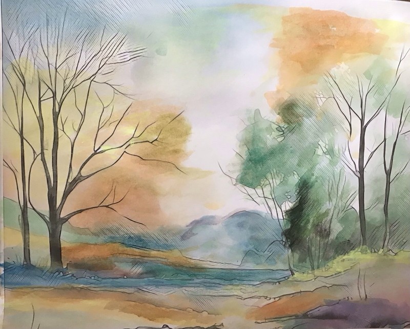 Original 8×10 Soft Pastel Landscape Watercolor Painting Wall Art Decor