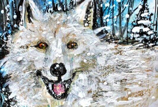 ORIGINAL ACEO White WOLF Painting Winter Snow Wild Dog Animal Tree Nature ART