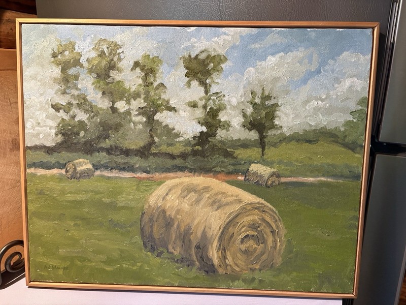 Signed Oil Painting Landscape Farm Round Hay Bales A. Walker Stautbergs Field