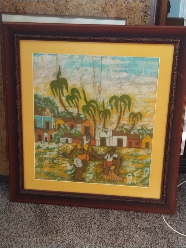 Vintage Luiz Mendes Brazilian Batik Fabric Painting- Framed Afro Brazilian Folk