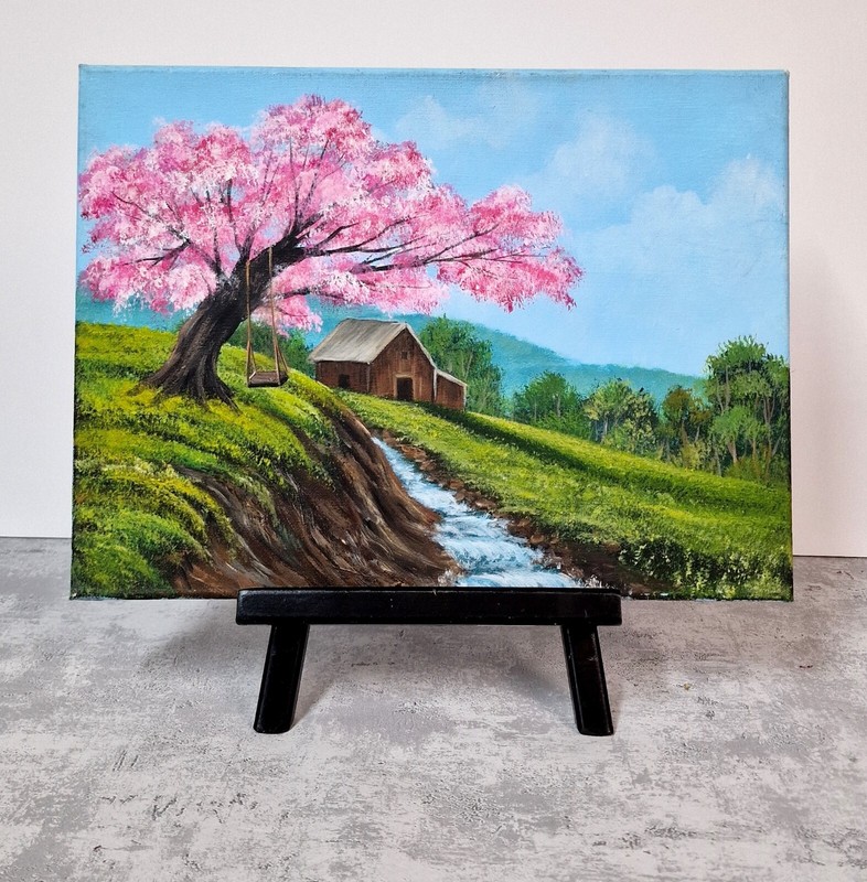 Original Summer Landscape – Cottage by River Acrylic on Canvas Hand-Painted