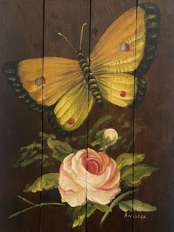 Arechiga Vintage Country Rustic Still Life Butterfly Pink Rose Flower Painting gallery
