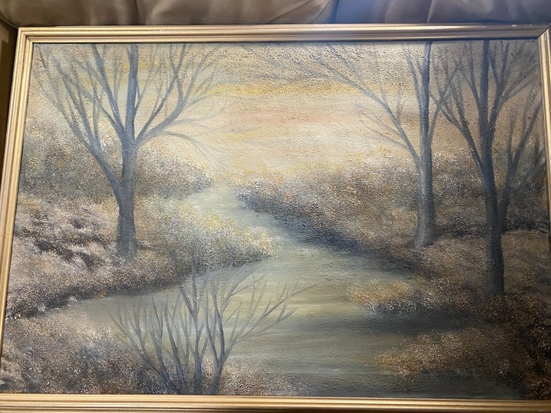 Huge Vintage «Trees And Stream Landscape At Sunset Scene» Oil Painting – Framed