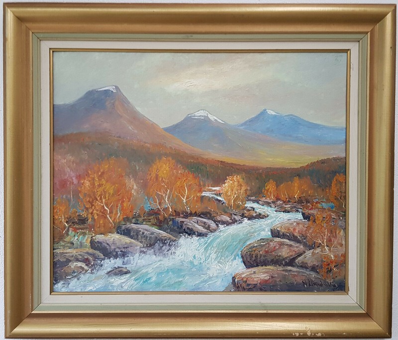 Beautiful Oil Painting Artwork Framed Landscape Forest River Autumn Mountains