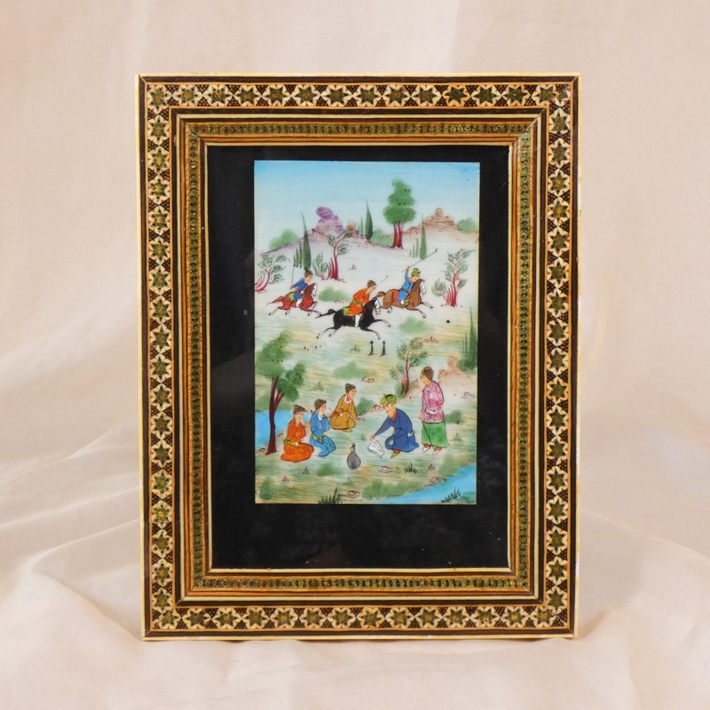Persian Suratgari Polo Scene Miniature Painting on Bone Khatam Marquetry Frame
