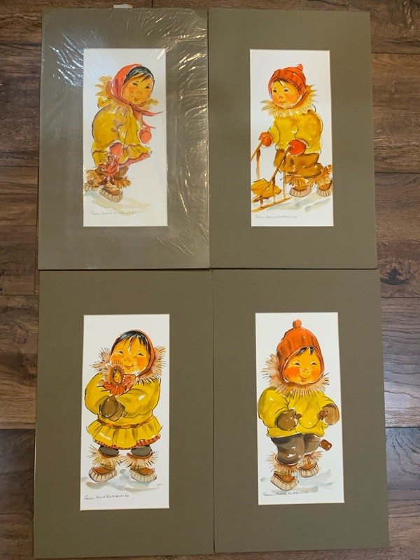 4 Joan Arend Kickbush Framed INUIT BOY & GIRL Watercolor Paintings Pencil Signed