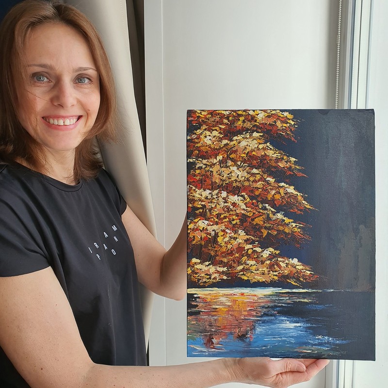 Autumn Lake Reflection Painting Fall Forest Landscape Original Oil Wall Art