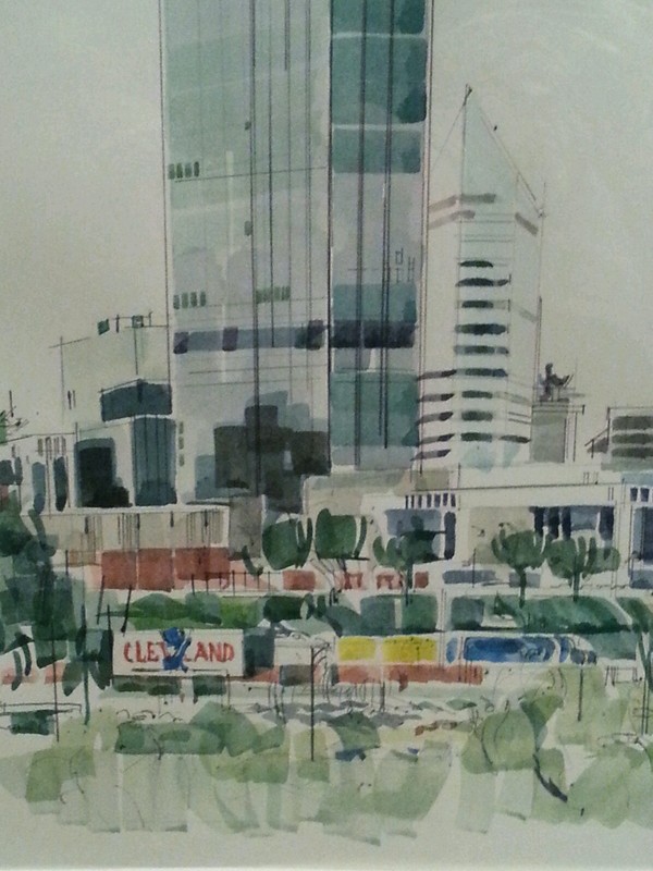 Original watercolor painting by J. Marken «Downtown Cleveland » ca.1970’s 10×21″