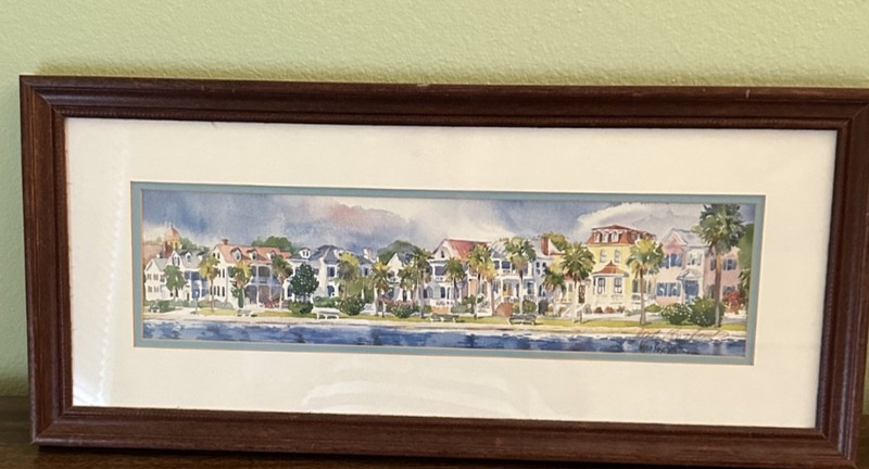Framed Watercolor Southern Victorian Homes Coastal Cottage Row 21.5”x9.5”