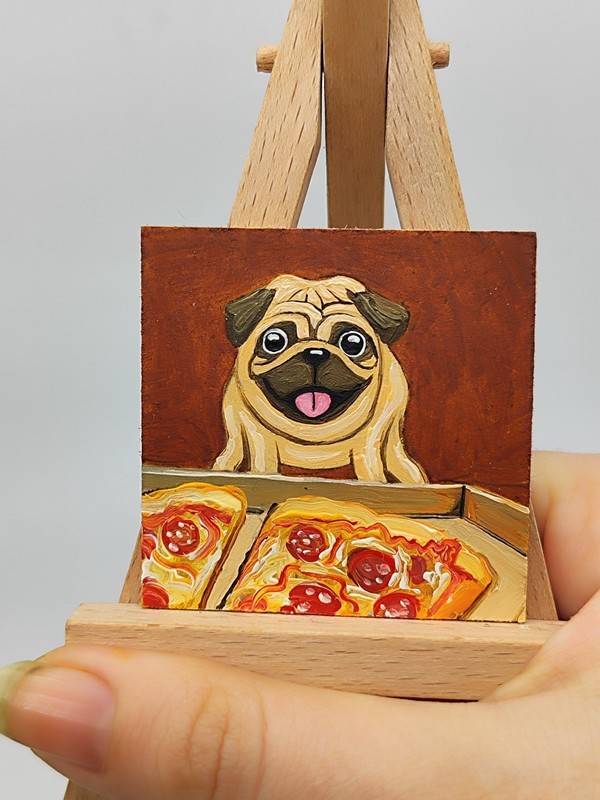 Pug with Pizza Oil Painting, Funny Dog Art, Miniature Framed Wall Decor, 2*2 in gallery