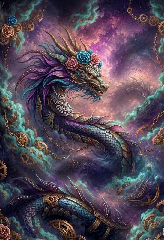 new handmade Painting on 24″*16″ canvas Steampunk Dragon with Floral by Wendy