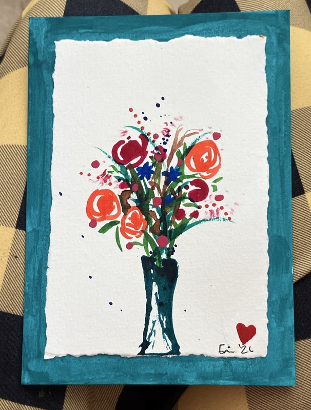 Minimalist/Abstract Floral Roses Vase Painting on watercolor paper and mat board