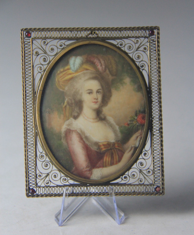 Antique 19th c. Portrait of Marie Antoinette Miniature w/ Filigree Brass Frame