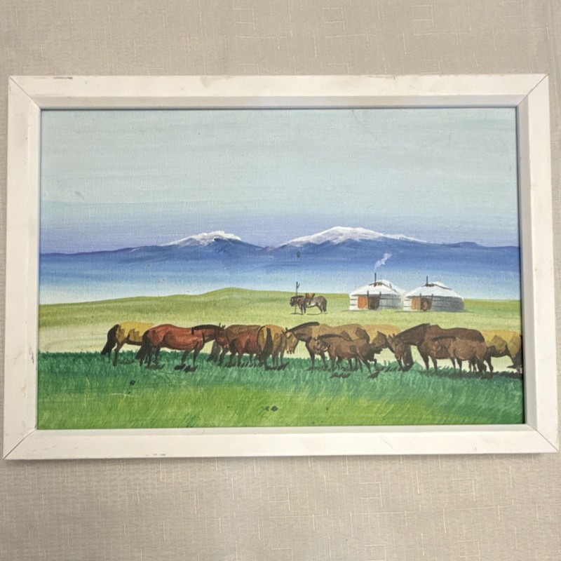 Framed Acrylic Landscape Painting Horses Mountains Yurts Canvas 16×10″