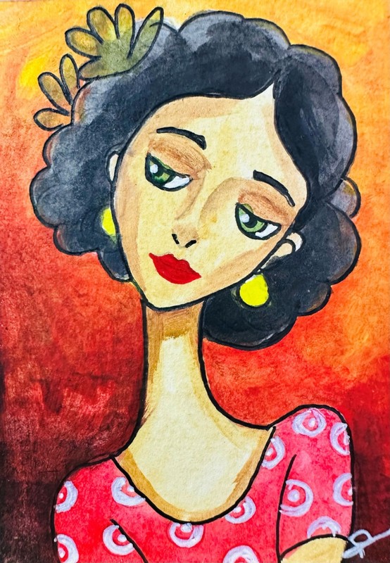 Girl Portrait Warm Colors ACEO Original Acrylic Painting Modern Face Stylish Art