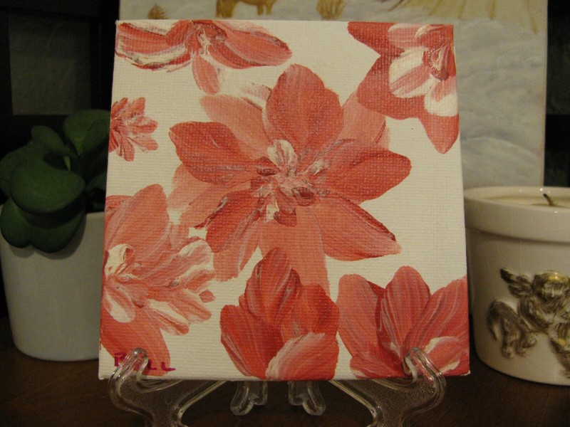 Original, Hand Painted, Coral Flower, Art Acrylic on Canvas 4”x4” w/Stand