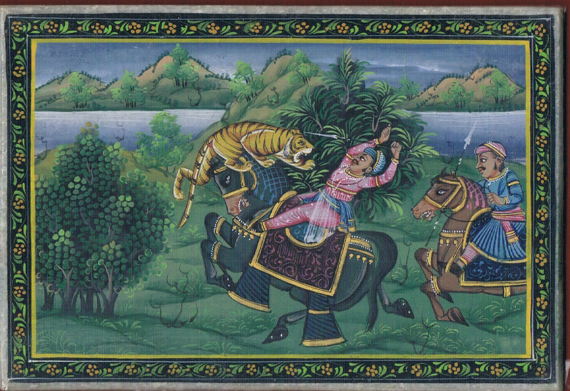 Mughal Indian Miniature Painting Of Hunting scene Tiger On Marble Plate 6x4" gallery