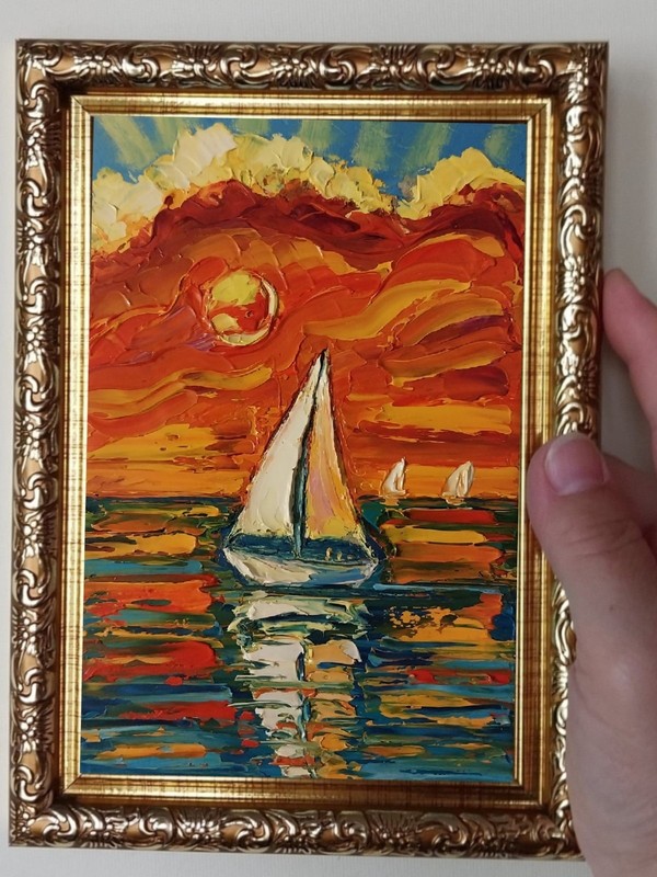Framed Red Sunset Seascape Sailboat Art Mini Seascape 4x6” Original Oil Painting gallery