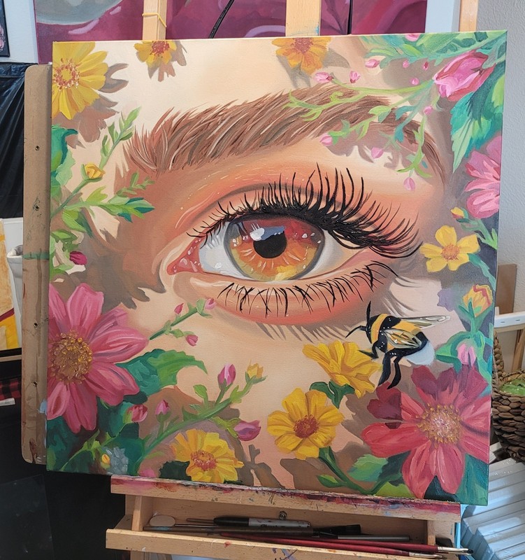 24×24 inch oil painting on canvas hand painted eyes new flowers