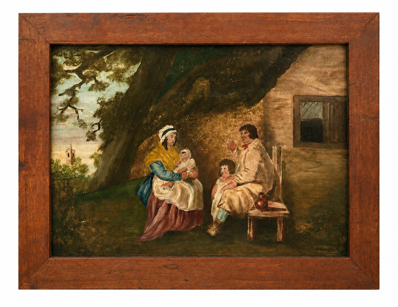 Vintage George Morland Style Pastoral Family Painting on Wood Faux Wood Frame 22
