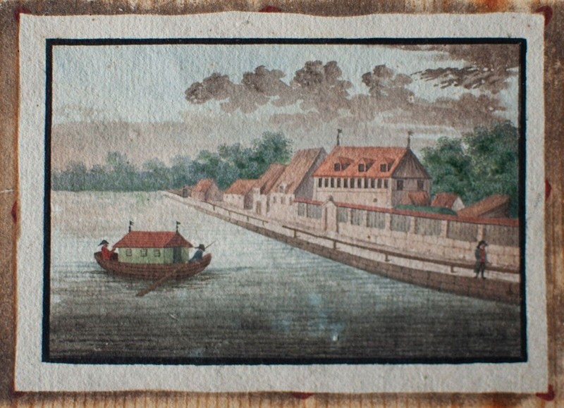 Miniature Port City with Houseboat Classicism Unique Original Gouache around 1800
