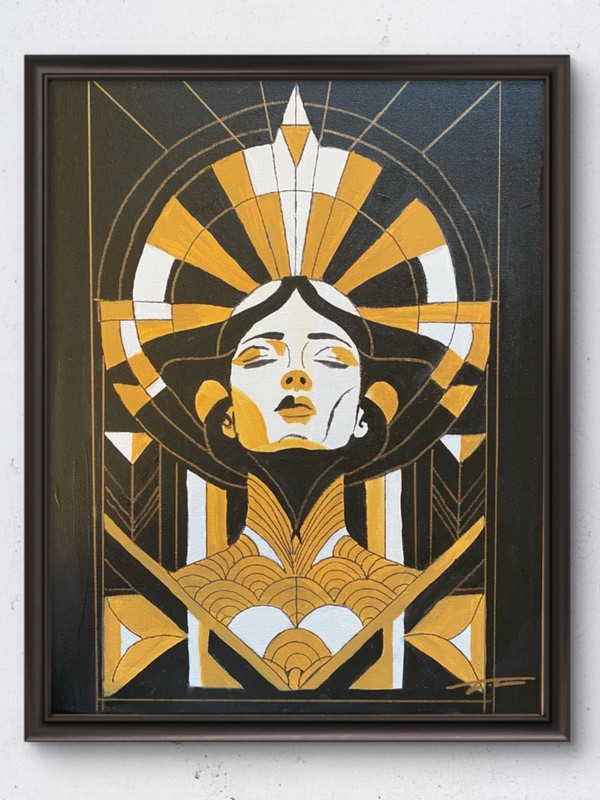 Art Deco Woman #4 Acrylic Beige Black Original Art 14x11 Canvas