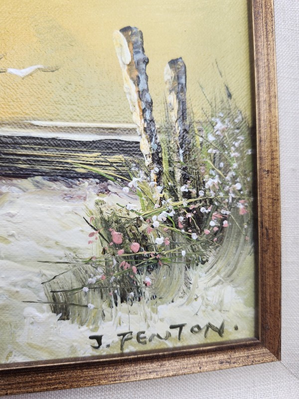 J Fenton Framed Oil Painting Children Flowers & Seagulls on Beach Signed gallery