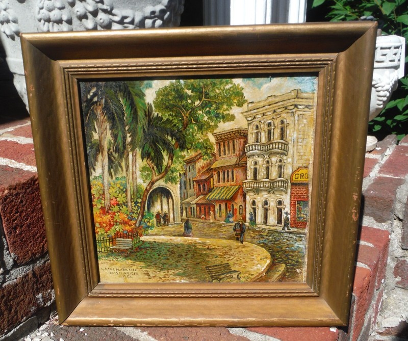 VINTAGE 1956 OIL/CANVAS PAINTING- L.A. THE PLAZA 1882 -SIGNED/ORIGINAL FRAME gallery