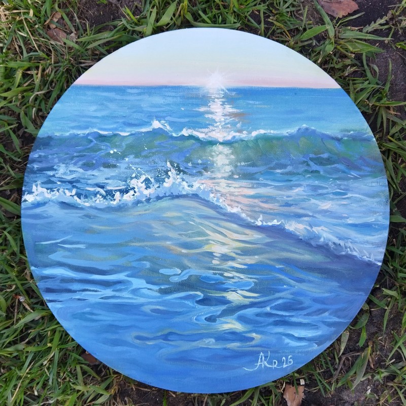 Original Oil Painting Round Canvas Sunlit Ocean Waves Seascape Coastal Artwork