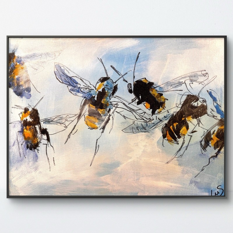 Original Abstract Expressionism 12x16 Bumble Bees Handmade Signed Art 229