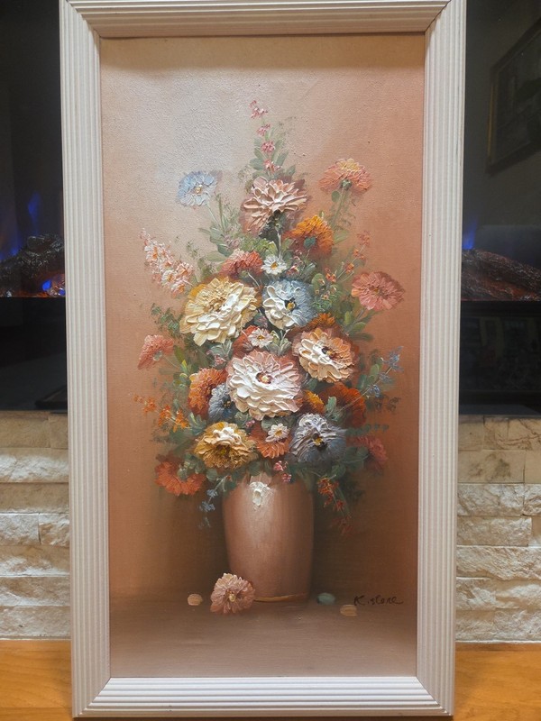K. Stone framed Vintage floral Art Oil Painting on Canvas 14×26