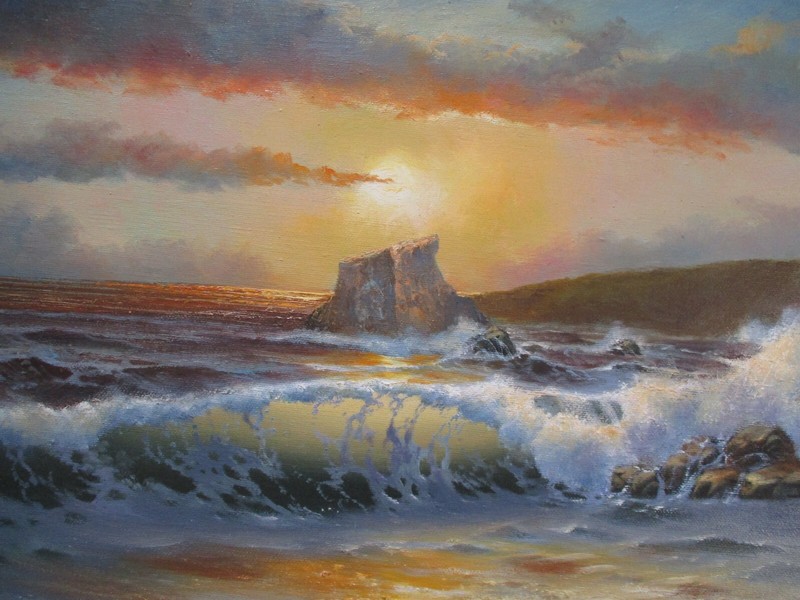 Coastal Sunset Beach Painting Landscape American Vintage Nautical Seascape Oil gallery