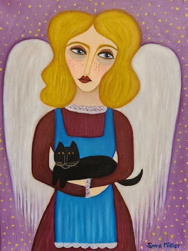 FOLK ART ANGEL w/ BLACK CAT oil on canvas ORIGINAL 12 in x 16 in NEW unframed