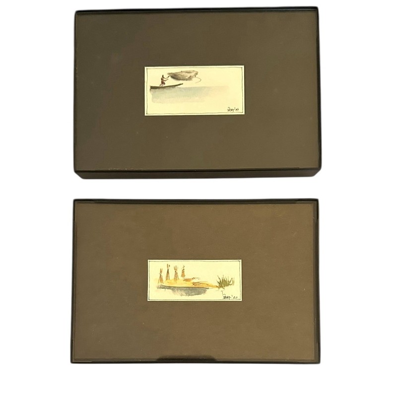 2 Original Signed Dated Miniature Watercolors Fisherman & Beach Scene 4” x 6” gallery