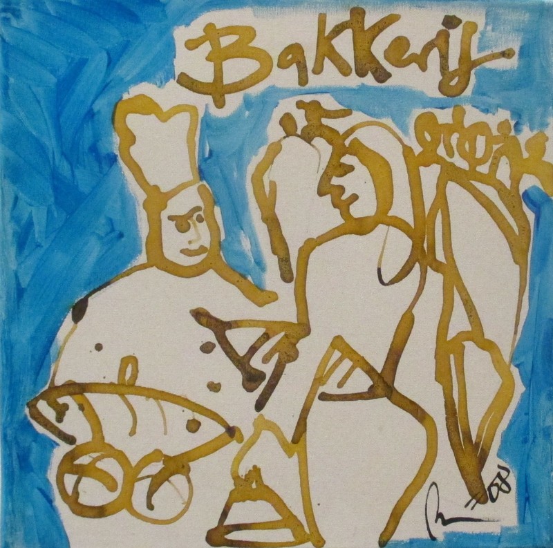 Bakery city life 30×30 market scene orig sign Mü dat acrylic/LW art milling