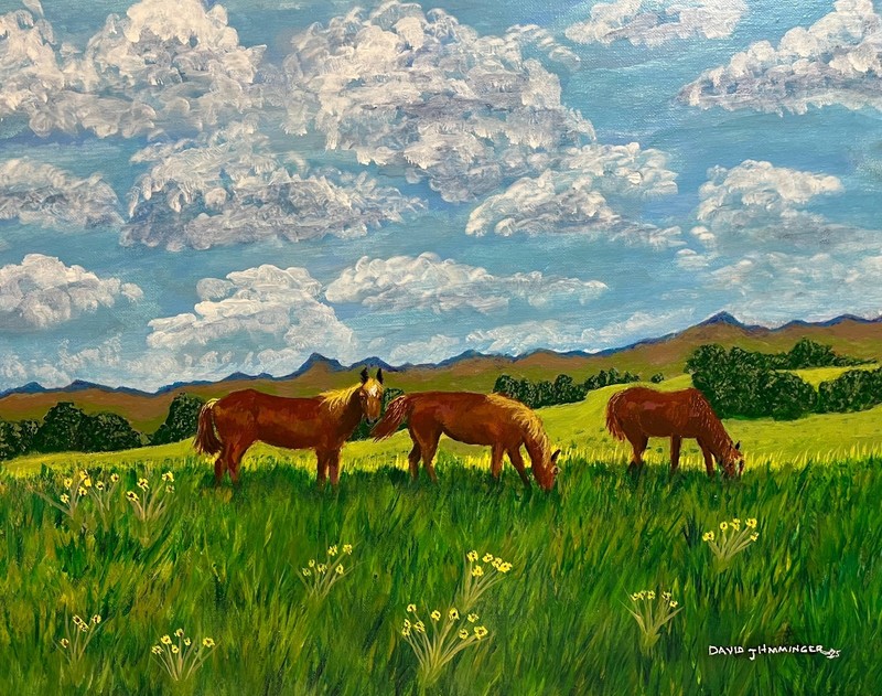 horses, meadow, clouds, mountains, peaceful, nature, sky, grazing, acrylic