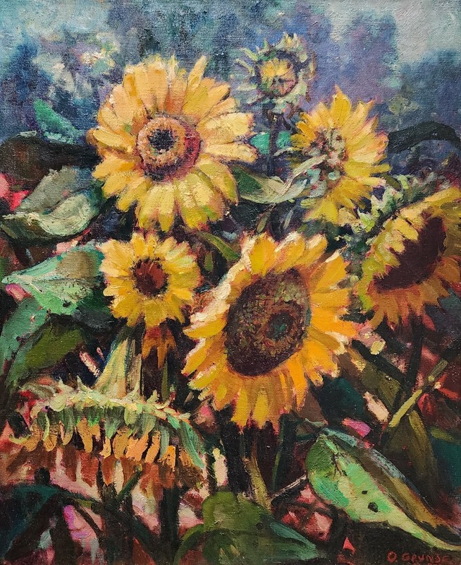 Otto Grunde, Sunflowers, 1970 Oil on Canvas, Notable Latvian Exile Artist gallery