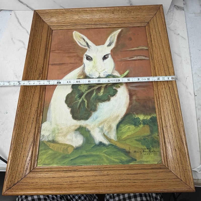 Vintage 1951 Framed Oil Painting White Rabbit Bunny Eating Greens Signed gallery