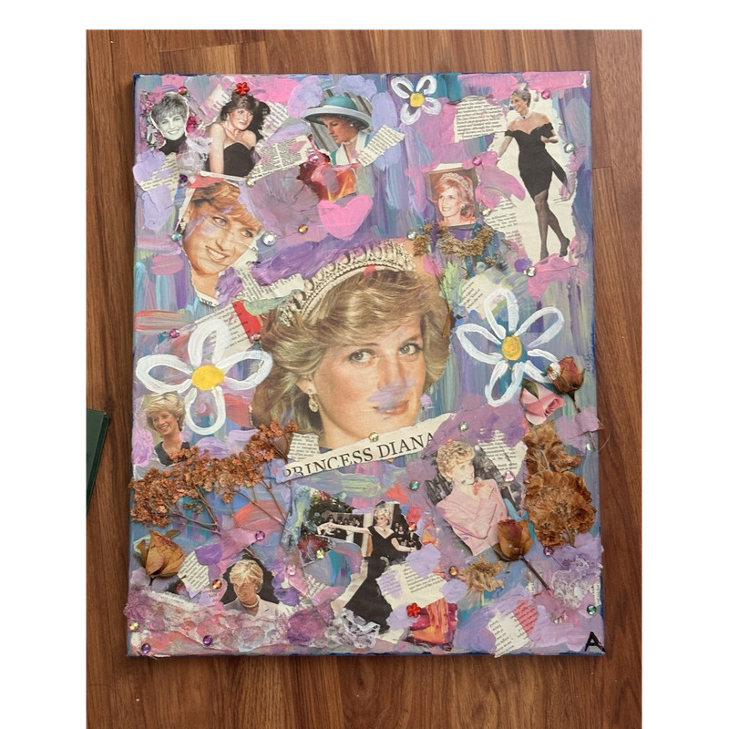 Princess Diana Collage Mixed Media Painting on Canvas Signed by Artist A