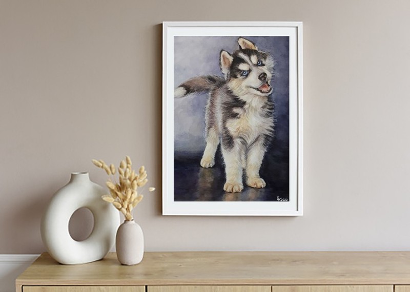 Siberian Husky Dog Cute Puppy animal portrait watercolor painting Nursery A4 Art gallery