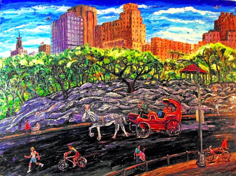 CENTRAL PARK WITH HORSE CARRIAGE -Original OIL Painting Arthur Robins Cityscape