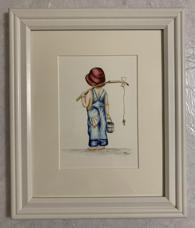 original signed Dana Conner watercolor painting boy girl child fishing Americana