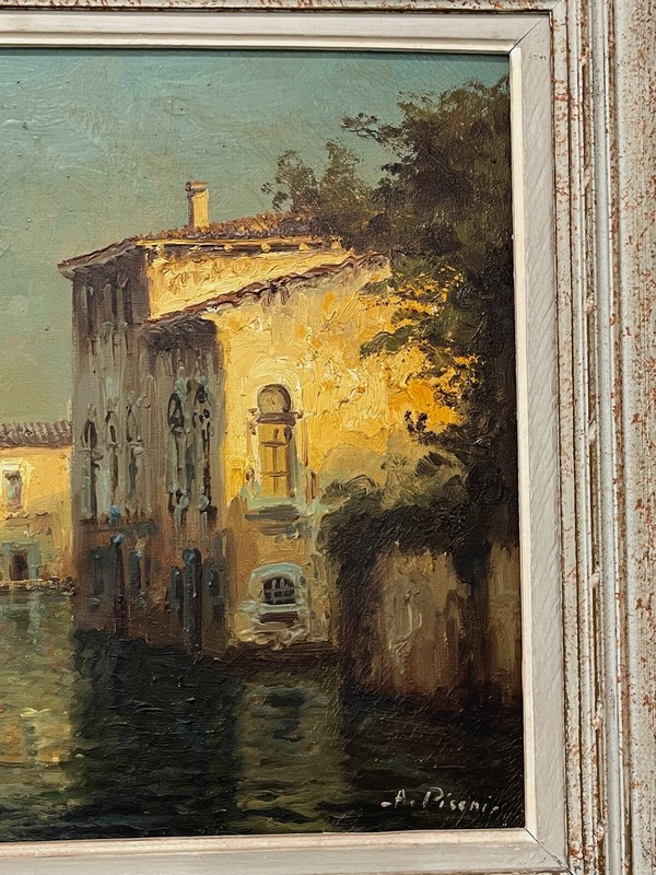 Vintage Aldo Pisani Signed Italian Oil on Canvas Painting Coastal City Scene gallery