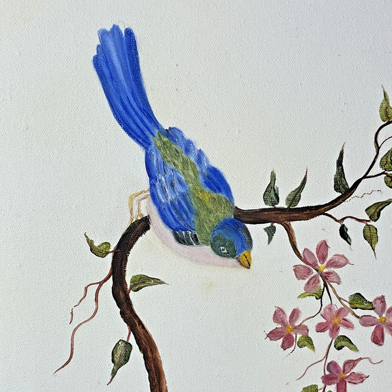 Original Blue Bird Bluejay Art on Branch Signed Brickman Framed 1980s Vintage gallery