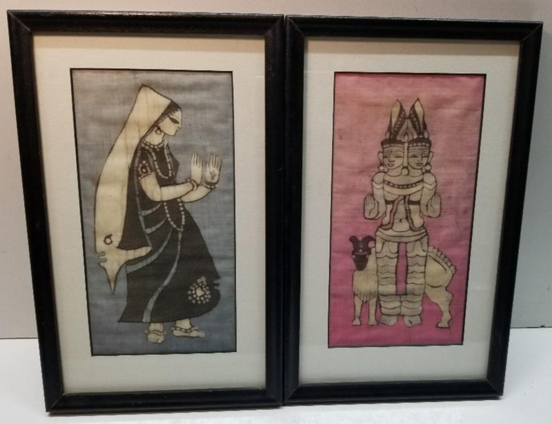 Vintage Indian Folk Art Batik MCM wall decor labeled «Manalesti 73» Matching set