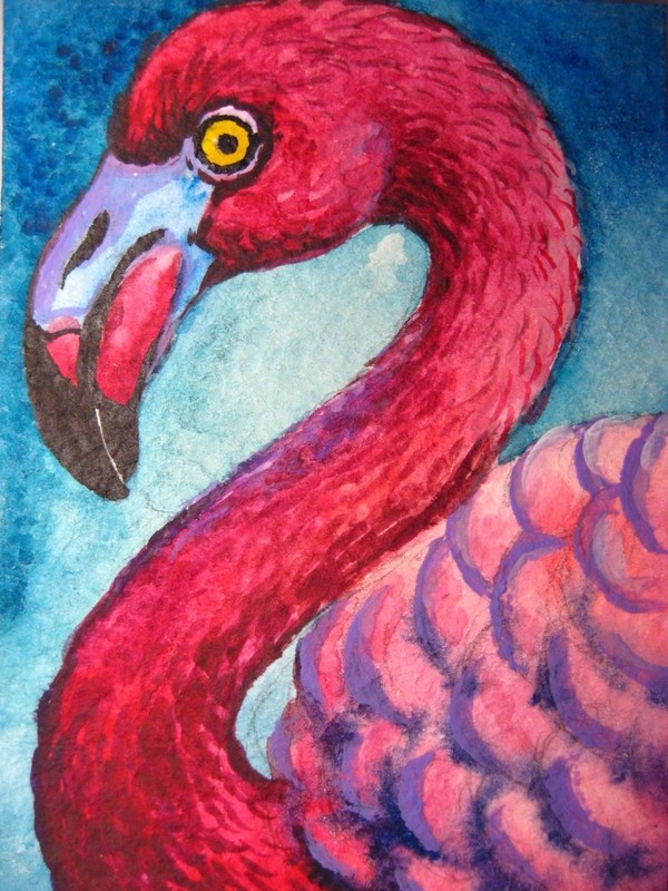 Watercolor Painting Pink Flamingo Bird Nature Wildlife Animals ACEO Art