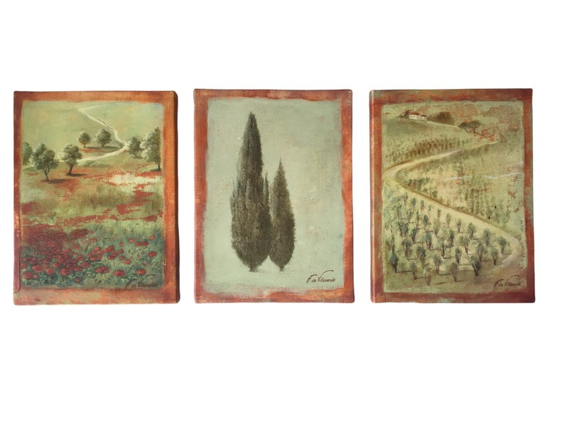 F. De Villeneuve Framed Wall Art Set Trees Poppies 16×12 Canvas Oil Signed