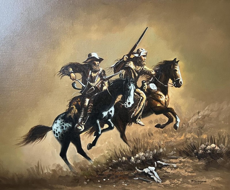 John J Stanford Oil on Canvas Cowboys Western Scene Signed Listed Nice!