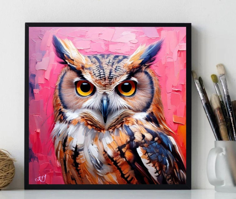 ORIGINAL Oil PAINTING on Canvas Owl Textured Artwork 12x12 in Custom Order gallery